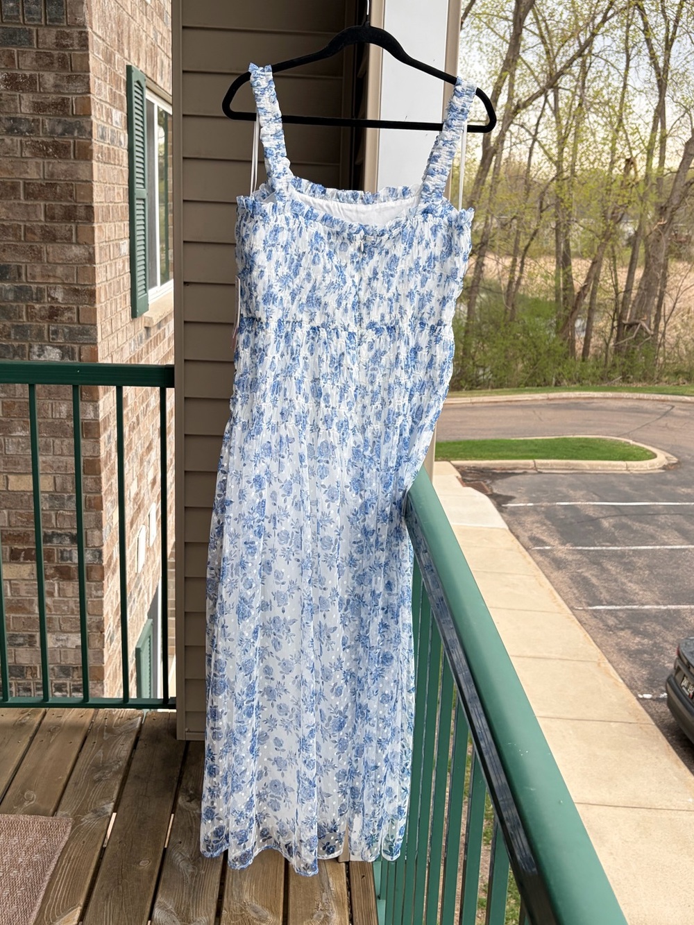 🆕🦋AQUA Blue White Floral Midi Dress Size L Bodice Tulle Overlay Cottagecore - Picture 4 of 17